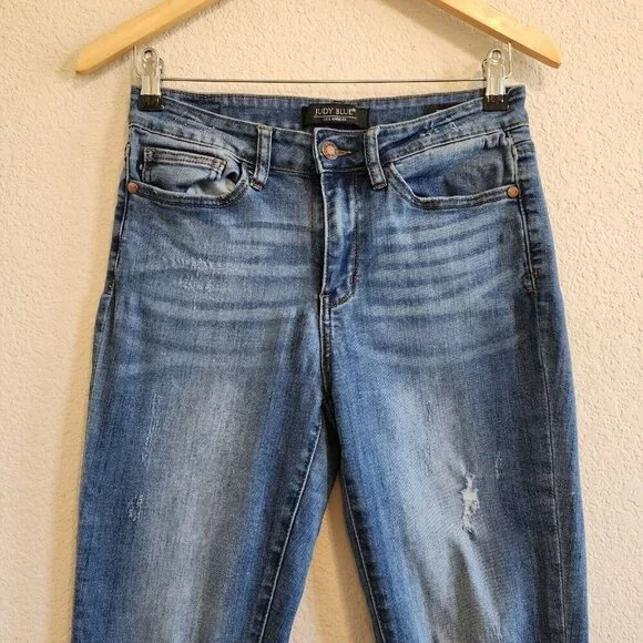 Judy Blue Distressed Relaxed Fit High Waist Stretchy Medium Wash Ankle Jeans 29 - Picture 3 of 12